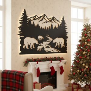 Christmas Bear Monogram Mountain Wall Art Metal Sign