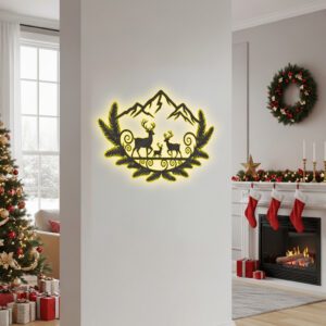 Christmas, Deer Family, Mountain, Metal Sign Wall Art