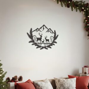 Christmas, Deer Family, Mountain, Metal Sign Wall Art