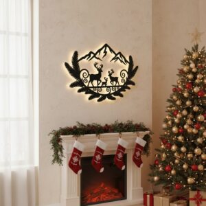 Christmas, Deer Family, Mountain, Metal Sign Wall Art