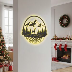 Christmas Deer Mountain Monogram Metal Sign, Wall Art