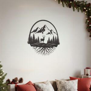 Christmas Deer Mountain Monogram Metal Sign, Wall Art