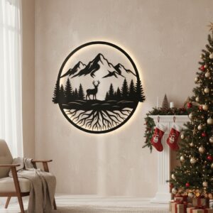 Christmas Deer Mountain Monogram Metal Sign, Wall Art