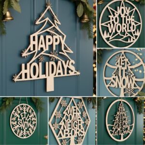 Christmas Door Hanger Bundle, Round Sign Laser Files, Festive Welcome Designs