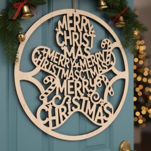 Christmas Door Hanger Round Sign, Holiday Circular Design for Laser CNC Engraving