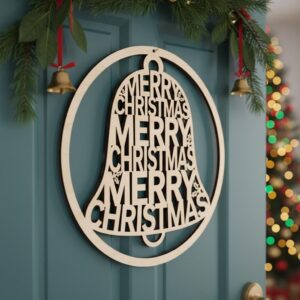 Christmas Door Sign Laser File, Merry Christmas Bell Door Hanger for Holiday Decor