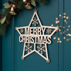 Christmas Door Sign Laser File, Merry Christmas Star Door Hanger for Laser, CNC