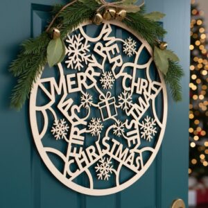 Christmas Door Sign, Round Door Hanger with Snowflakes, Festive Decor