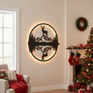 Christmas Laser Deer Mountain Sign, Monogram Wall Art,