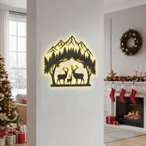 Christmas Laser Metal Sign, Deer Mountain Forest Silhouette