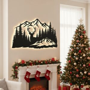 Christmas Laser Monogram Metal Sign, Deer and Mountain
