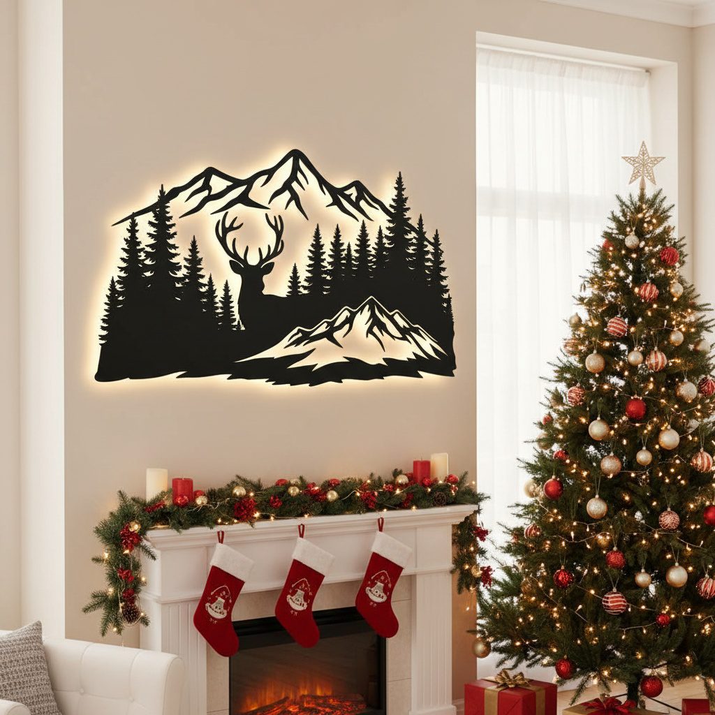 Monogram Scene Christmas Laser Monogram Metal Sign, Deer and Mountain Nature Scene ...