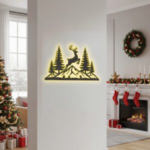 Christmas Monogram Deer Metal Sign, Mountain Scene, Holiday