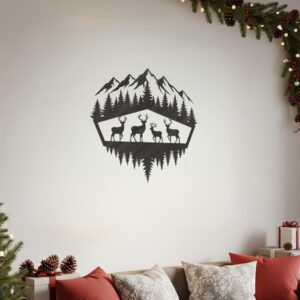 Christmas Monogram, Laser Designed Deer Forest Mountain Wall