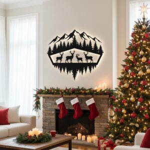 Christmas Monogram, Laser Designed Deer Forest Mountain Wall