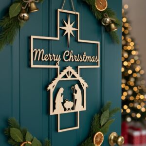 Christmas Nativity Cross Door Hanger Sign, Christian Holiday