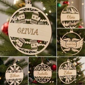 Christmas Ornament Bundle, 6 Personalized Wood Holiday Decor