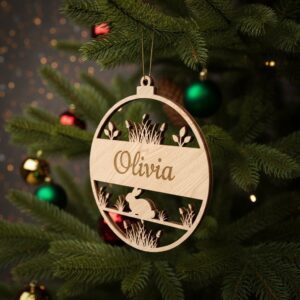 Christmas Ornament, Personalised Bunny with Green Grass Woodland
