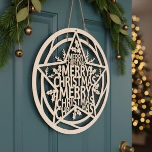 Christmas Star Door Hanger, Holiday Welcome Sign, Laser Engraved Decor