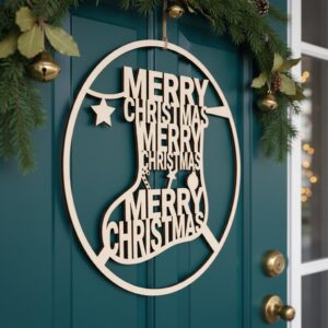 Christmas Stocking Door Hanger, Festive Holiday Round Welcome Sign for Front Door