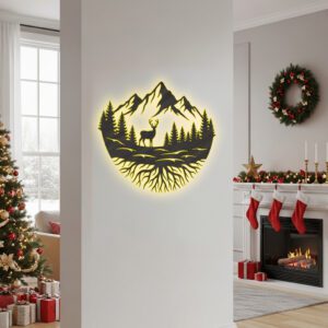 Christmas Wall Art, Monogram Deer, Mountains Trees, Roots