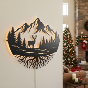 Christmas Wall Art, Monogram Deer, Mountains Trees, Roots