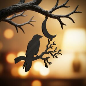 Halloween Crow Ornament with Crescent Moon and Branch,