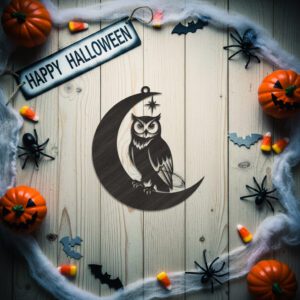Halloween Owl Ornament, Spooky Crescent Moon, Digital Decor