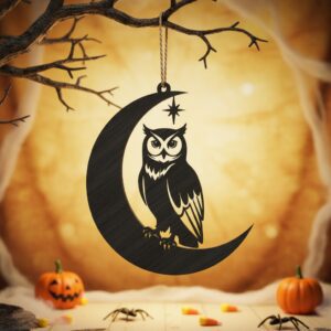 Halloween Owl Ornament, Spooky Crescent Moon, Digital Decor