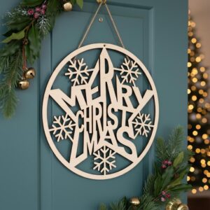 Merry Christmas Door Hanger, Round Front Door Sign, Holiday Laser Design