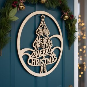 Merry Christmas Tree Round Door Hanger, Laser Door Sign File, Holiday Decor