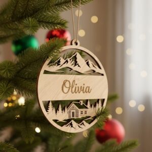 Mountain Ornament Christmas Design, Personalized Circular Holiday Decoration