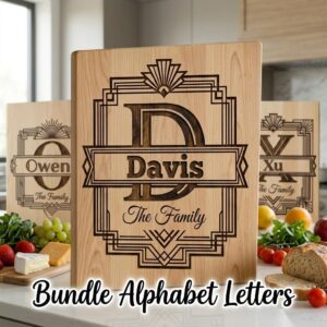 Art Deco Monogram Alphabet Bundle, Geometric Sunburst Frame, Custom Family Name Engraving File