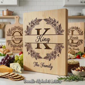 Chopping Board Engraving Bundle, Wildflower Bee, Custom Family Monogram, Floral Alphabet