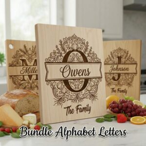 Monogram Bundle, Royal Garlic Crest Family Name, Baroque Alphabet, Chopping Board Engraving