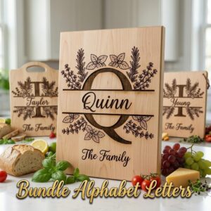 Rustic Herb Monogram Engraving Board, Custom Family Name, Farmhouse Kitchen Decor