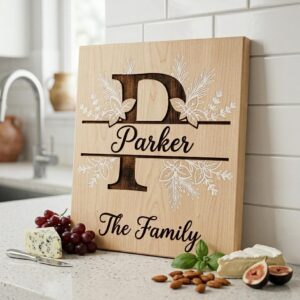 Rustic Herb Monogram Engraving Board, Custom Family Name, Farmhouse Kitchen Decor