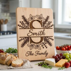 Rustic Herb Monogram Engraving Board, Custom Family Name, Farmhouse Kitchen Decor