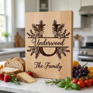 Rustic Herb Monogram Engraving Board, Custom Family Name, Farmhouse Kitchen Decor